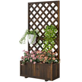 Wooden Raised Garden Bed Planting Planter Box with Trellis and Drain Holes for Climbing Vine Plants, Brown