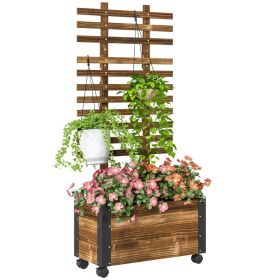 Wooden Raised Garden Bed, Planter Box WTrellis And Metal Corners, Portable On Wheels For Patio, Backyard, Deck, Brown