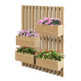 4 Box Raised Garden Bed w/ Trellis for Climbing Plants, Wall-Mounted Wood Planters w/ Drainage Holes, Natural
