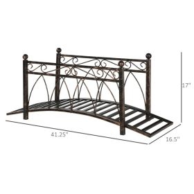 Metal Arch Zen Garden Bridge With Safety Siderails, Decorative Footbridge, Delicate Scrollwork & Corner Spheres For Stream, Fish Pond, Bronze
