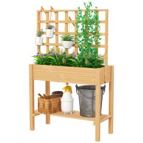 Wooden Raised Garden Bed with Trellis, Outdoor Planter Box with Storage Shelf for Vegetables, Flowers, Herbs