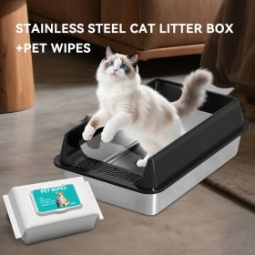 Thickened stainless steel open cat litter box, anti sticking and odorless, comes with a front sand blocking pedal, and comes with special cleanin (Option: Black  L15)
