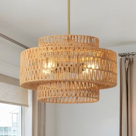 17.7" Boho Rattan Chandelier for Dining Room Light Fixture, 4-Light Hand Woven Wicker Pendant Light Fixture, Farmhouse Rustic Hanging Chandelier (Option: brown)