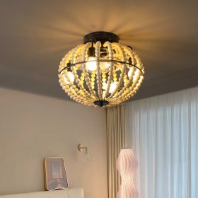 18" Bohemian Wood Beaded Ceiling Fan with Light, Flush Mount Caged Ceiling Fan, Rustic Farmhouse Low Profile Fan Light Fixture for Indoor Home De (Option: white)