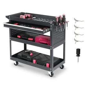 3-Tier Rolling Tool Cart, Metal Heavy Duty Utility Cart on Wheels with Pegboard & Drawer & 4 Hooks, 330 lb Load Large Storage Capability Tool Car (Option: As picture)