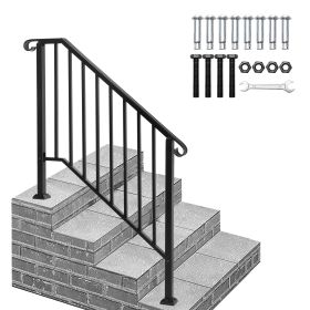 Handrails For Outdoor Steps, Black Wrought Iron Handrail Fits 3 Or 4 Steps, Transitional Handrail With Installation Kit, Stair Railing For Concre (Option: Black)