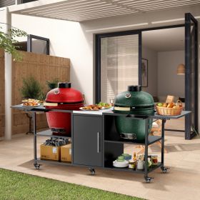 Outdoor Grill Cart For Two Big Green Egg, Metal Grill Table Compatible With Large Big Green Egg,Kamado Joe 18 Inch,and Other Similar Models (Option: Black and Silver)