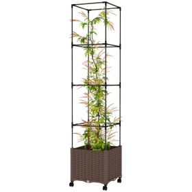 Raised Garden Bed with Trellis, Tomato Cage with Lockable Wheels, Self Watering Planter Box with Drainage Holes, Brown (Option: Brown-440x440x160 mm)